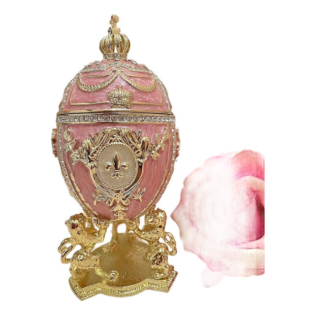 Pierre Lorren Handmade Faberge Egg Style Trinket Fabergé Egg Style Austrian Crystal Diamond Pure Gold Deco Hand Painted 5 Star Egg & Handmade Bracelet For Sale