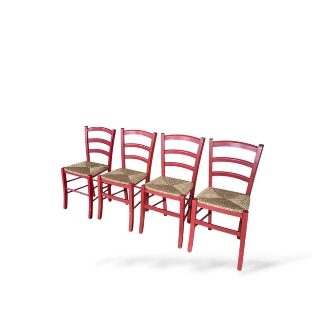 Italian Red Oak Ladder-Back Dining Chairs with Woven Rush Seats, Set of 4 For Sale - Image 5 of 9