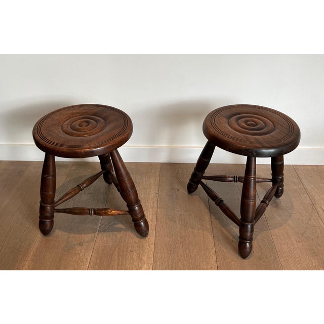 Brutalist Turned Wooden Stools Attributed to Charles Dudouyt - a Pair For Sale - Image 3 of 12
