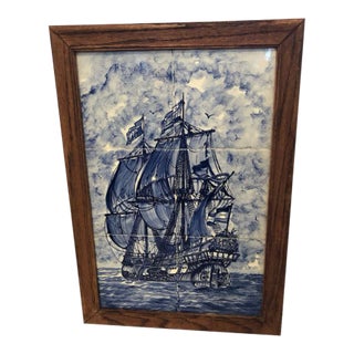 Delft Style Ship Painting on Tile For Sale