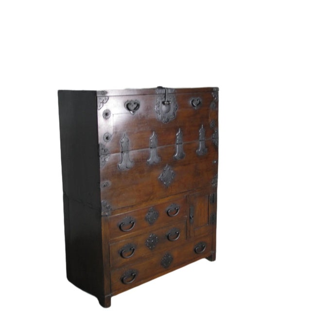 Asian Two Part Dark Brown Antique Korean Cabinet Chest For Sale - Image 3 of 13