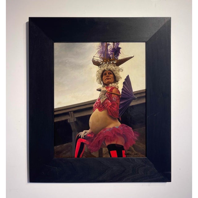 This artwork presents a striking figure adorned in flamboyant attire, including a pink tutu and a whimsical ship perched...