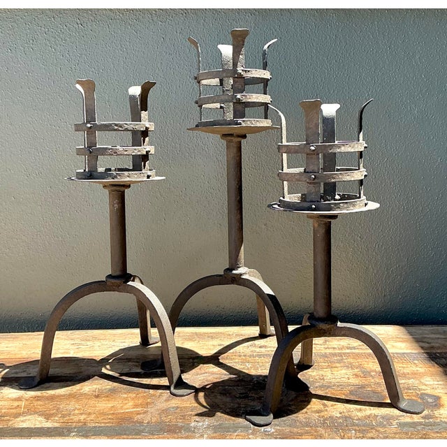 Spanish Revival Vintage Hammered Wrought Iron Cage Candlesticks - Set of 3 For Sale - Image 3 of 12