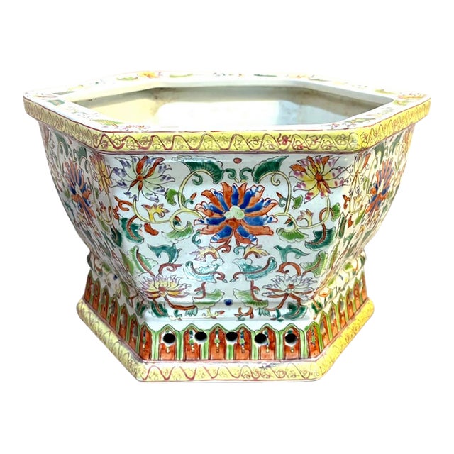 Chinese Yellow Floral Ceramic Hexagonal Planter For Sale