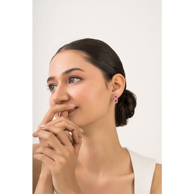 Not Yet Made - Made To Order 3.03 Carat Emerald Cut Ruby Diamond Double Drop Earrings in 14k Yellow Gold- A Pair For Sale - Image 5 of 13