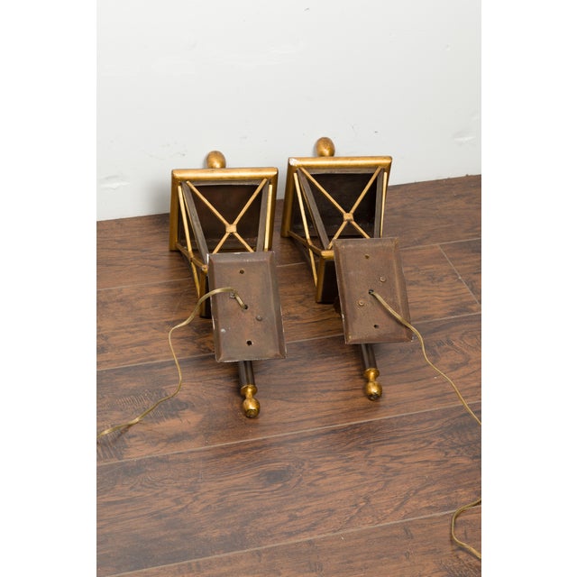 Mid 20th Century French Mid Century Modern Gilt Iron Wall Mounted Lanterns with Single Lights - a Pair For Sale - Image 9 of 9