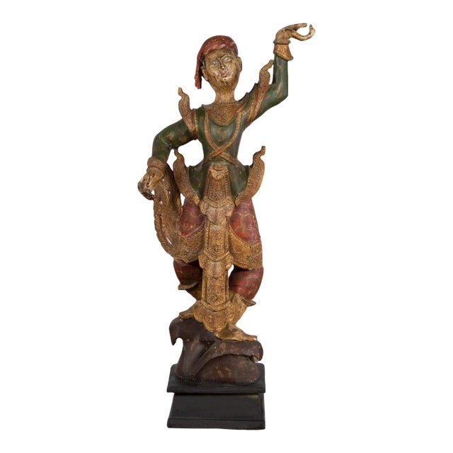 19th Century Balinese Hand-Carved & Painted Wooden Young Dancer Sculpture For Sale