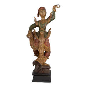 19th Century Balinese Hand-Carved & Painted Wooden Young Dancer Sculpture