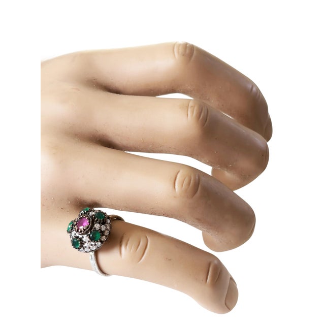Vintage Natural Ruby, Emerald & Diamond Ring - 925 Sterling Silver Size 7 Jaipur For Sale In New York - Image 6 of 10