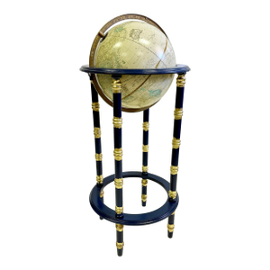 Vintage George F Cram's Imperial World Globe on Ink Blue Faux Bamboo Stand With Parcel Gilt Accents - Newly Painted