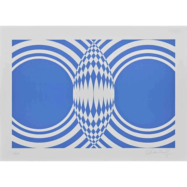 Modern Victor Debach, Blue Composition, Screen Print, 1970s For Sale - Image 3 of 3