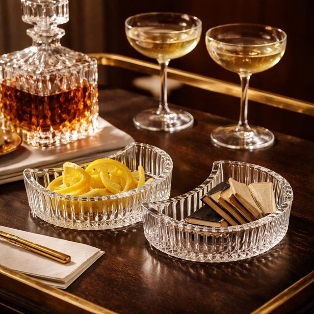 Late 20th Century Vintage Art Deco Style Ribbed Crescent Crystal Dishes — Sculptural Cocktail Accent (Pair) For Sale - Image 5 of 6