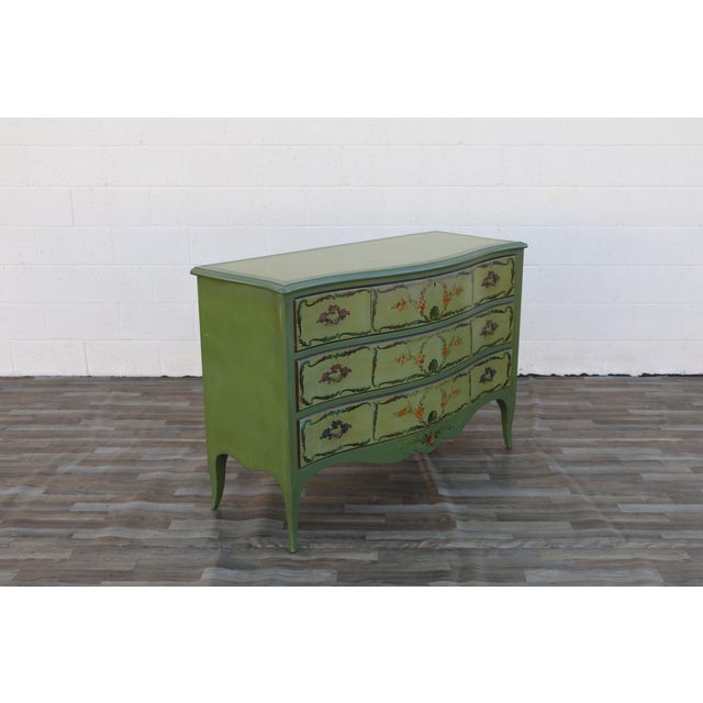 French Provincial Hand-Painted Green Five-Drawer Dresser, Circa 1950s For Sale - Image 4 of 18