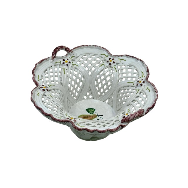 Traditional Hand Made White and Pink Reticulated Ceramic Basket Made in Portugal For Sale - Image 3 of 9
