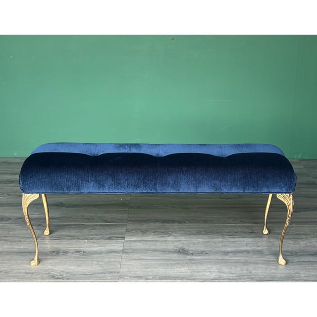 Textile Vintage Brass and Navy Blue Chenille Bench For Sale - Image 7 of 9
