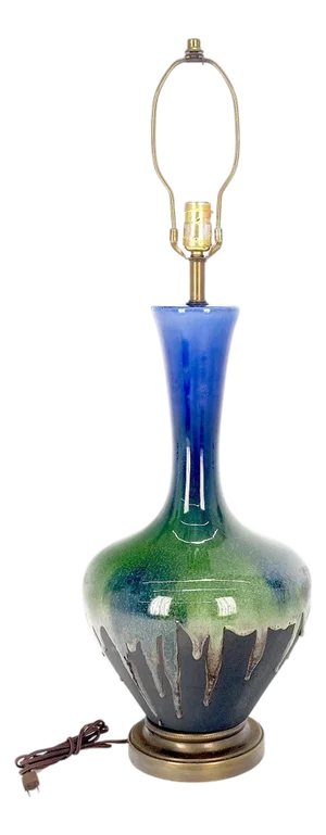 1970s Blue Green Black Drip Glaze Italian Pottery Ceramic Onion Shape Table Lamp