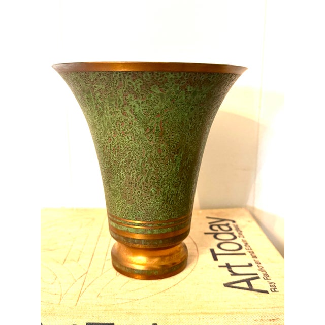 1930s Signed Carl Sorensen Art Deco Verdigris Bronze Trumpet Vase Model No. 1262 Circa 1925 - 1935 For Sale - Image 5 of 7