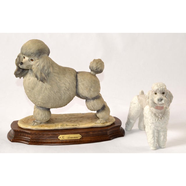 Whimsical, detailed porcelain figurine of a poodle by G. Armani, displayed on a wooden base with a plaque bearing the...