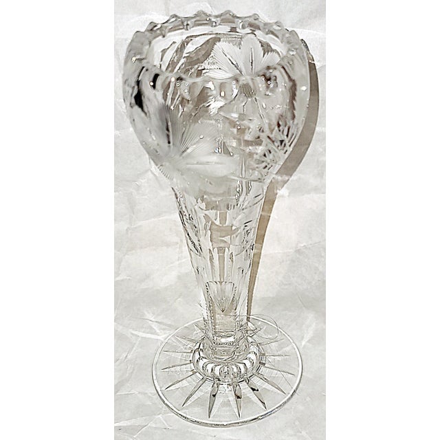 Adorable brilliant-cut American crystal tulip shaped bud vase with daisy pattern, stellate base and fluted rim, heavy and...