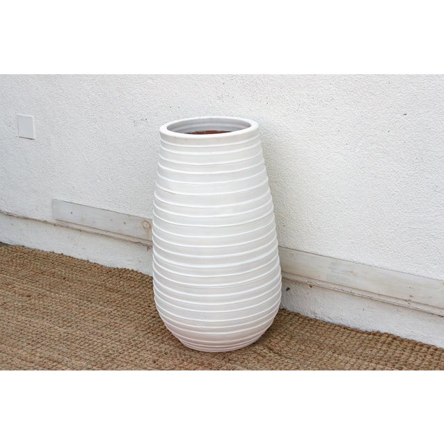 Tall Ribbed Mediterranean Barrel Planter For Sale - Image 4 of 8