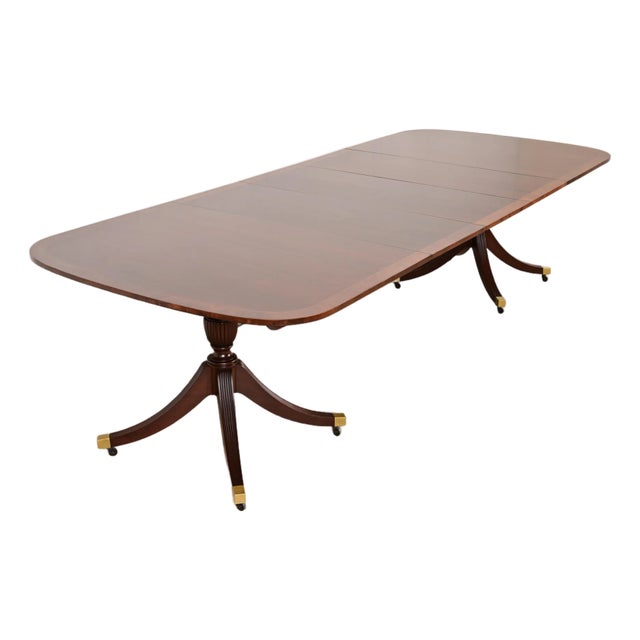 Baker Furniture Style English Georgian Banded Mahogany Double Pedestal Extension Dining Table, Newly Refinished For Sale