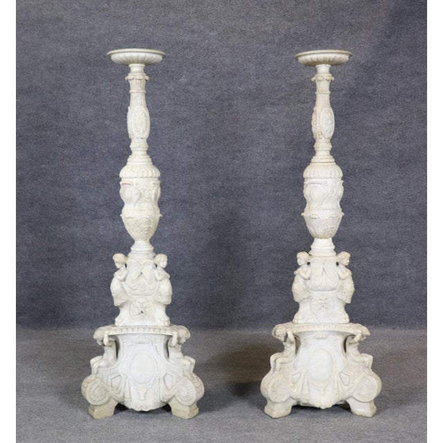 20th C Pair White Marble Figural Carved Pedestals Plantstands For Sale - Image 4 of 13