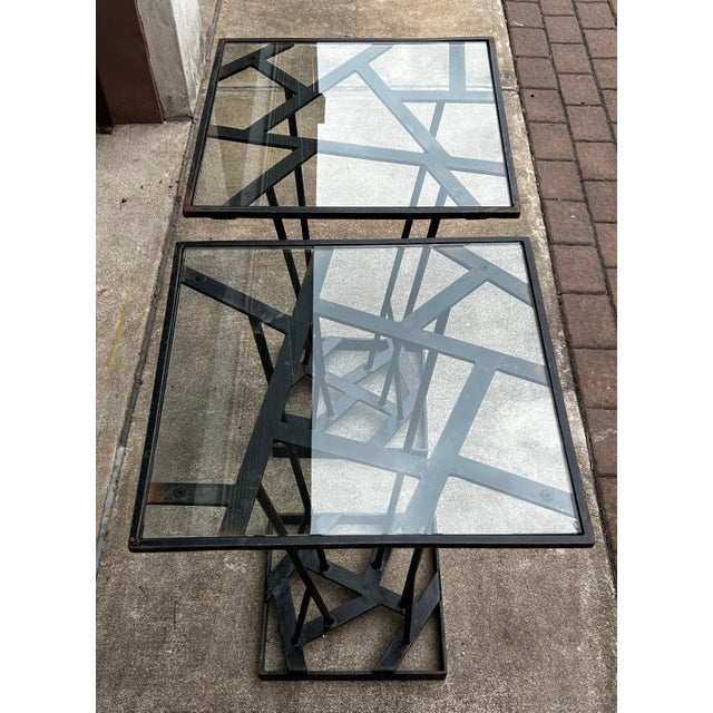 Brutalist Vintage Brutalist Style Hand Wrought Iron Outdoor Glass Top Tables ~ Pair For Sale - Image 3 of 12