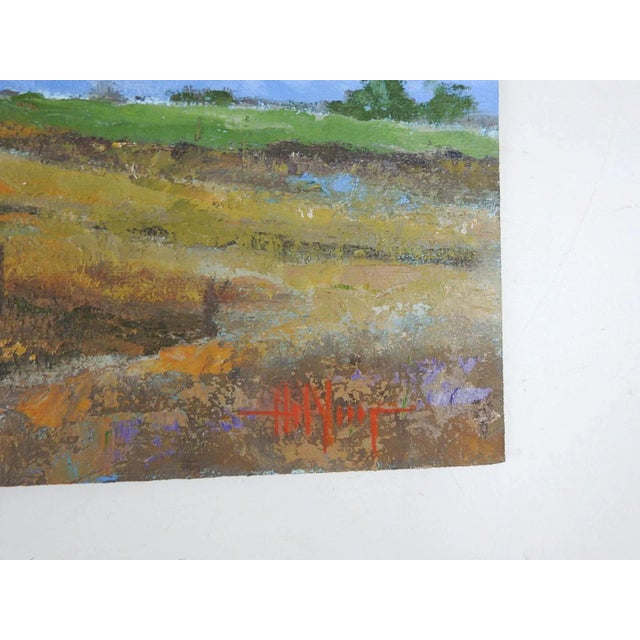 Late 20th century oil on wood panel impressionist landscape painting of farm and red barn. Signed illegibly lower right...