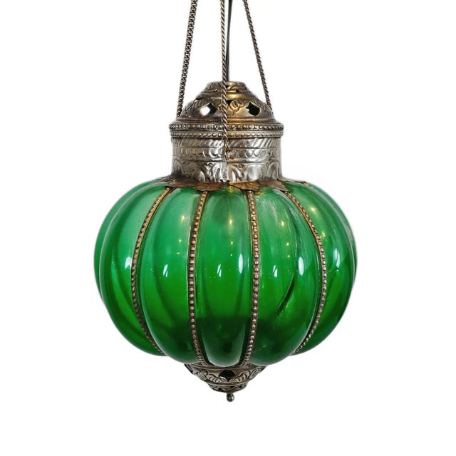 Metal Vintage Green Glass Pumpkin Lantern Medium For Sale - Image 7 of 7