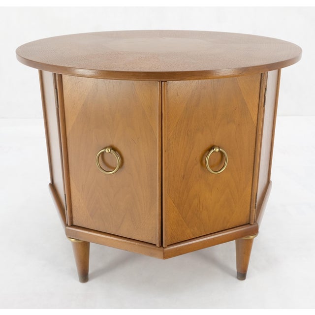 Wood Round Top Hexagon Two Door Cabinet Base Brass Ring Pulls Walnut Side End Table For Sale - Image 7 of 12