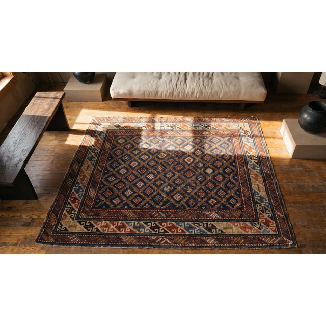 1890s Blue Navy Geometric Tribal Antique Caucasian Shirvan Rug ( 3'4" X 4'2" Handknotted Wool Carpet For Sale - Image 10 of 12