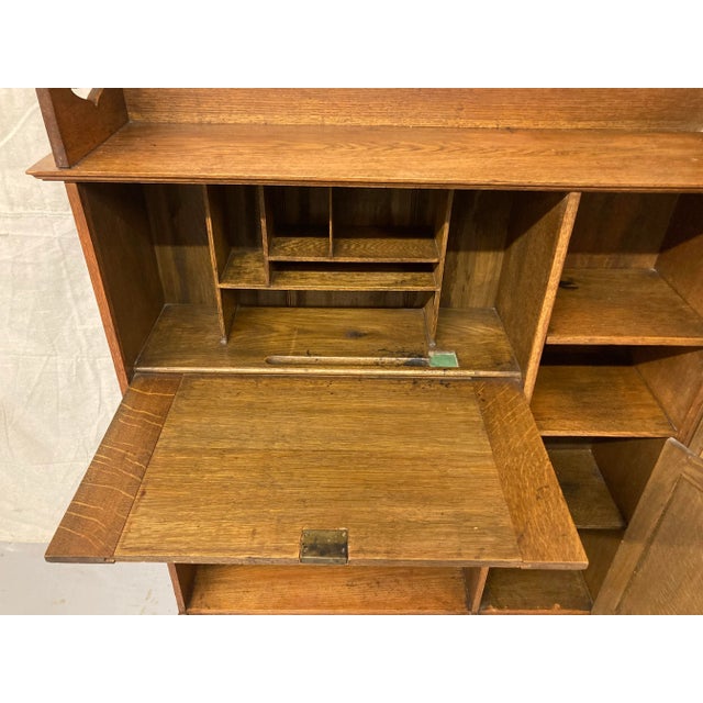 Welsh Oak Arts and Crafts Bureau Bookcase With Brass Strap Detail For Sale - Image 4 of 11