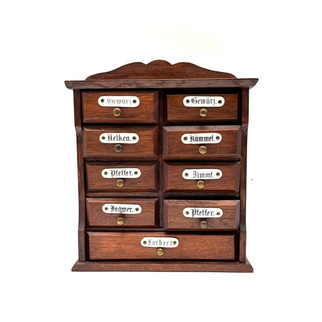 Mid-Century Modern Antique Miniature Wooden Spice Cabinet with Porcelain Labels and 9 Drawers, 1960s For Sale - Image 3 of 14