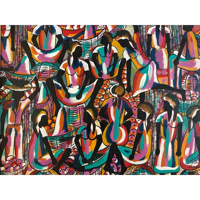 Vintage 1960’s Mid Century Abstract Haitian Folk Art Painting For Sale - Image 4 of 9