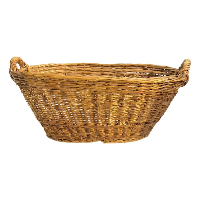 Antique French Provincial Handwoven Wicker Gathering or Laundry Basket 29” Wide For Sale