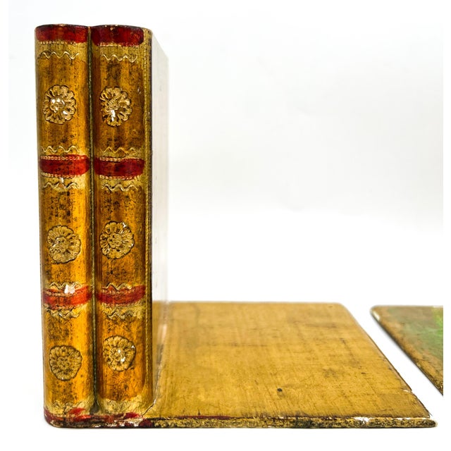 Mid 20th Century Pair of Vintage Italian Florentine Giltwood Bookends | Faux Book Spine Design - Mid- Century, Shabby Chic, Neoclassical, Library For Sale - Image 5 of 13