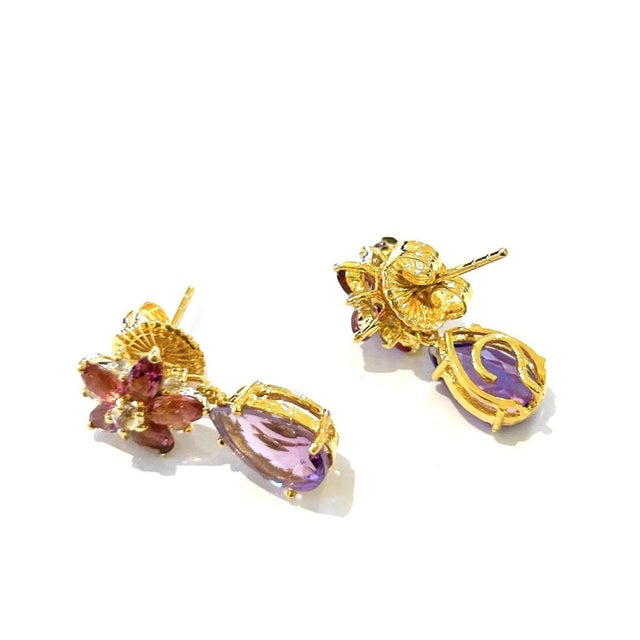 Bochic "Orient" Vintage Amethyst & Rose Rodorite Earrings -18K Gold & Silver For Sale - Image 18 of 18