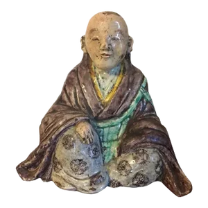 Antique 18th Century Japanese Tokugawa Edo Pottery Figure of a Scholar in the Buddha Pose