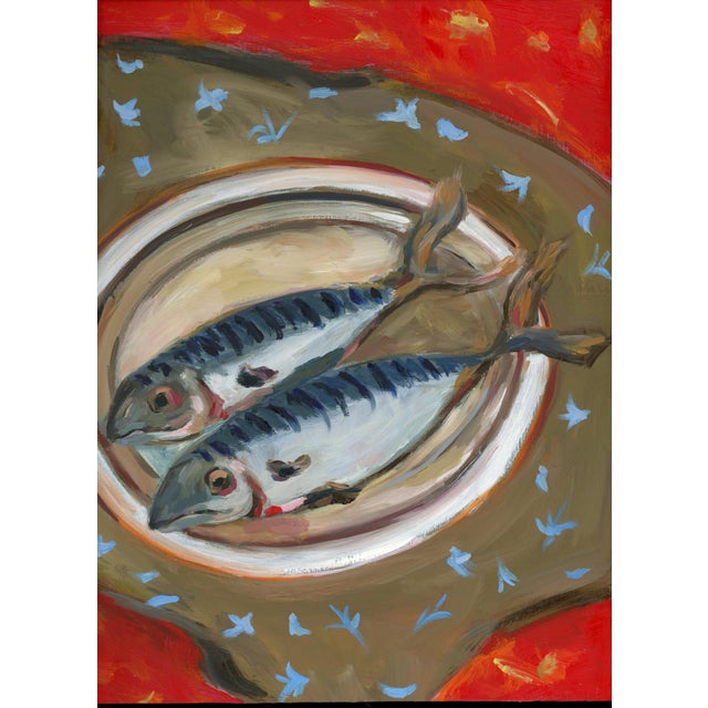 Mid-Century Modern "Two Fish" Vintage Style Still Life Oil Painting by Alexandra Swistak, Framed For Sale - Image 4 of 4