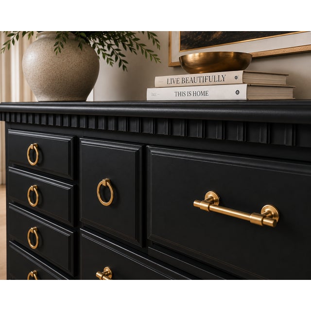 Wood Refinished Black Dresser With Brass Ring Hardware-Modern Classic 9-Drawer Statement Piece For Sale - Image 7 of 7