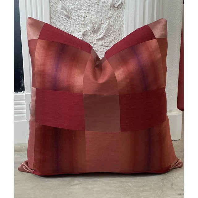 Contemporary Burgundy Designer Silk Buffalo Plaid Pillows- a Pair For Sale - Image 3 of 6