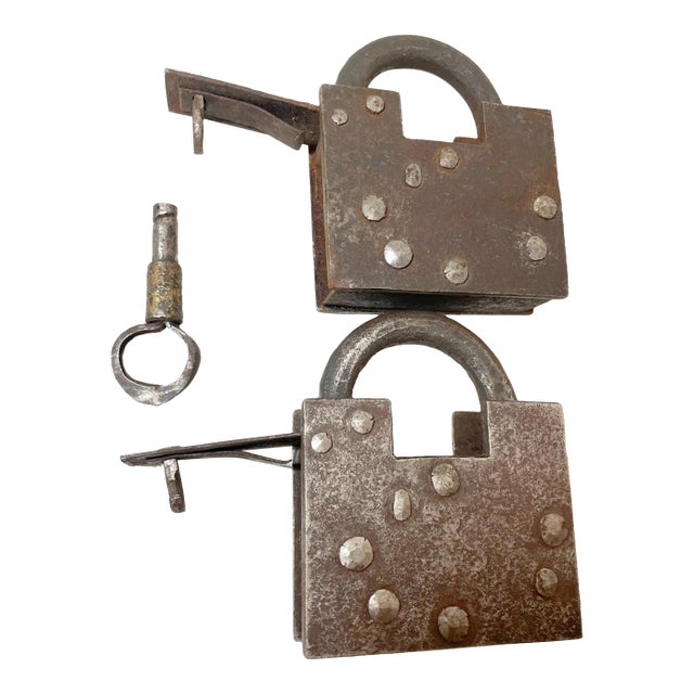Pair of Rare Antique Hidden Key 1800's Pad Lock Solid Steel Wrought Iron Key For Sale
