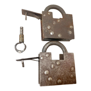 Pair of Rare Antique Hidden Key 1800's Pad Lock Solid Steel Wrought Iron Key