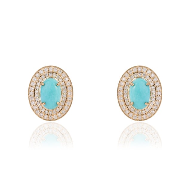 3.97Carat Turquoise & Diamond Double Halo Statement Earrings in 14k Gold- A Pair For Sale - Image 4 of 14