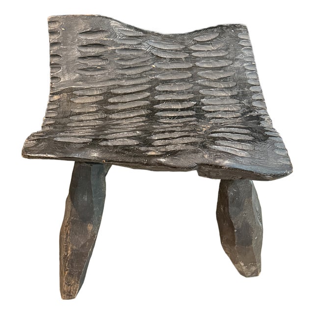 Rustic Carved Wood Stool For Sale