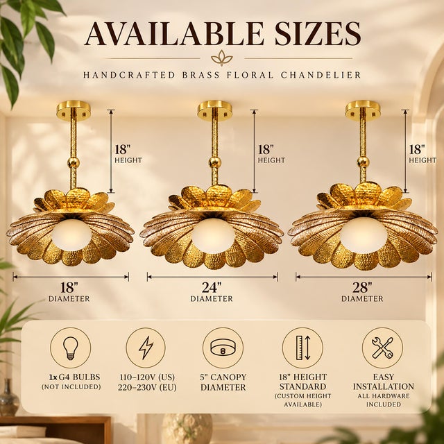 Handmade Brass Flower Chandelier, Hammered Lotus Ceiling Light, Floral Pendant Fixture, Art Deco Lighting for Living Room and Bedroom For Sale - Image 9 of 13