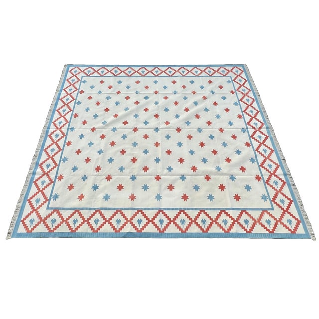 Handmade Cotton Vegetable Dyed Rug, White, Sky Blue and Terracotta Star Dhurrie-4'x6' For Sale - Image 10 of 13