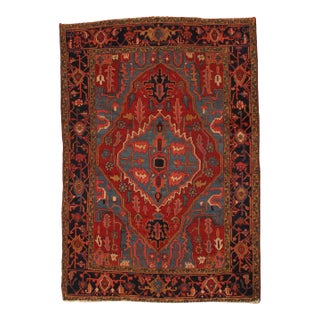 Antique Persian Serapi Carpet Handmade Wool Oriental Rug, Red, Ivory, Light Blue For Sale