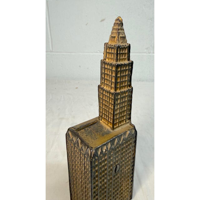 Antique 1910 Gold Tone Cast Iron Still Coin Penny Bank Woolworth Building Kenton For Sale - Image 4 of 10