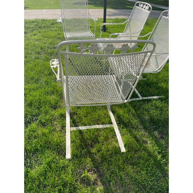 Antique White Set of 4 Wrought Iron Cantilever Rocker Garden Patio Chairs Dogwood, Attributed For Sale - Image 8 of 10
